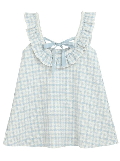 フリルショルダードレス Aライン チェックツイード