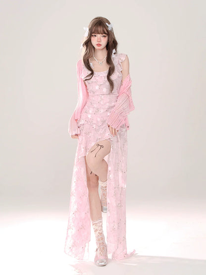 透け感のあるフローラルフリルのスイートドレスカーディガン + イレギュラーミルキーロング