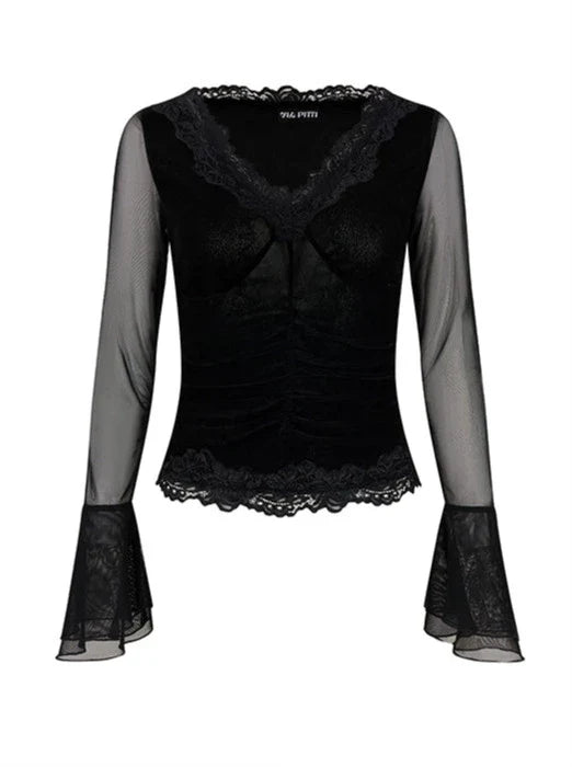 Lace Edge V Neck Sheer Bell Sleeve Black Slim Shirt