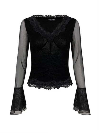 Lace Edge V Neck Sheer Bell Sleeve Black Slim Shirt
