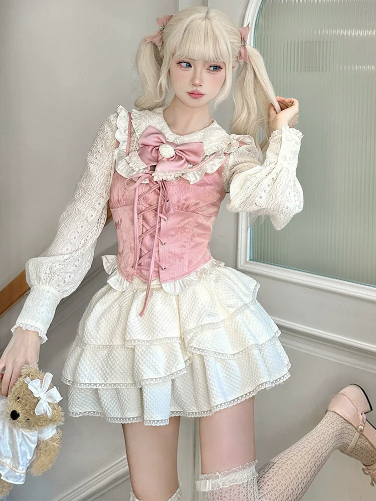 Vest Fleur + Princess Shirt + Pink Cake Skirt Girl