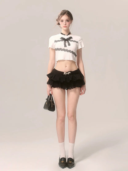 スリムレースTシャツ フリル ショートリボン