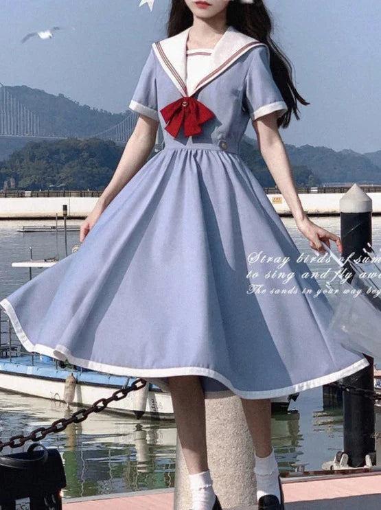 Color Sailor + Chamomile Ribbon Dress Elegant Blue Route Tie Gray