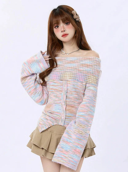 Schulterfreier Strickpullover aus reinem Dzire-Streifen in Regenbogenfarben