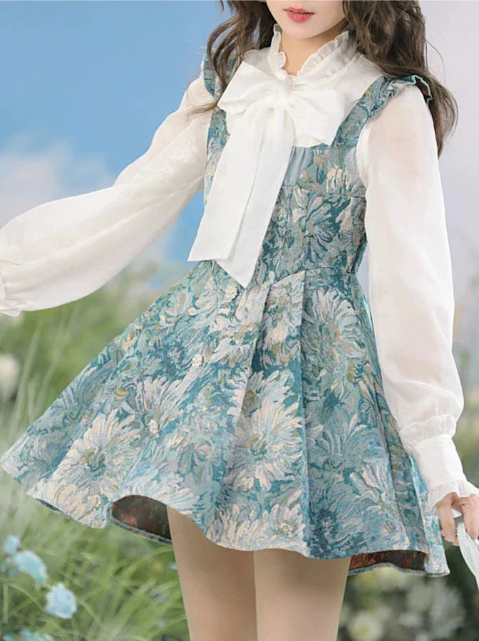 Robe à bretelles avec nœud et huile et nœud papillon en mousseline de soie à volants