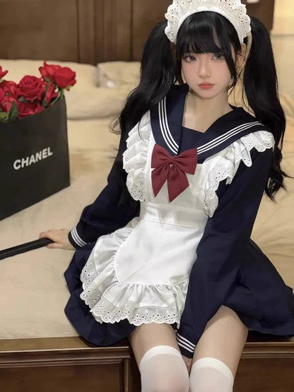 Ribbon Sailor Dress Frilled Apron