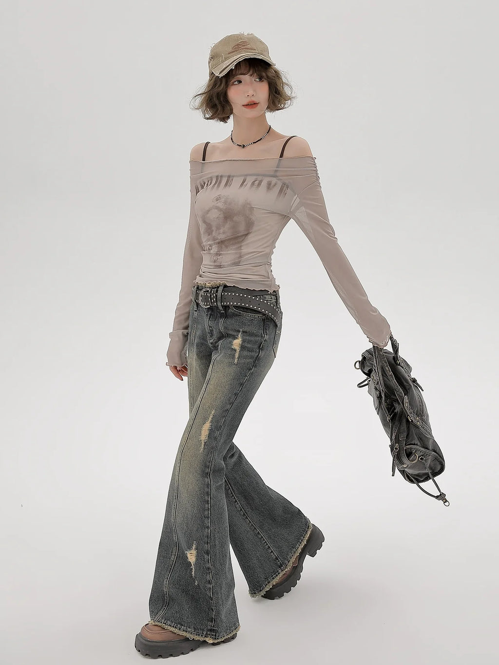 Sheer Inner Camisole Off-the-shoulder Mesh American + T long