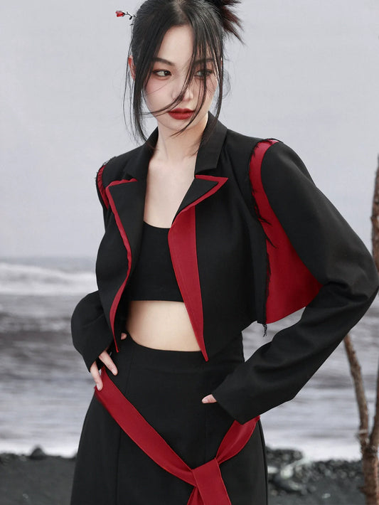 カラーブレザーステッチシンプルトップスハイコントラストウエスト