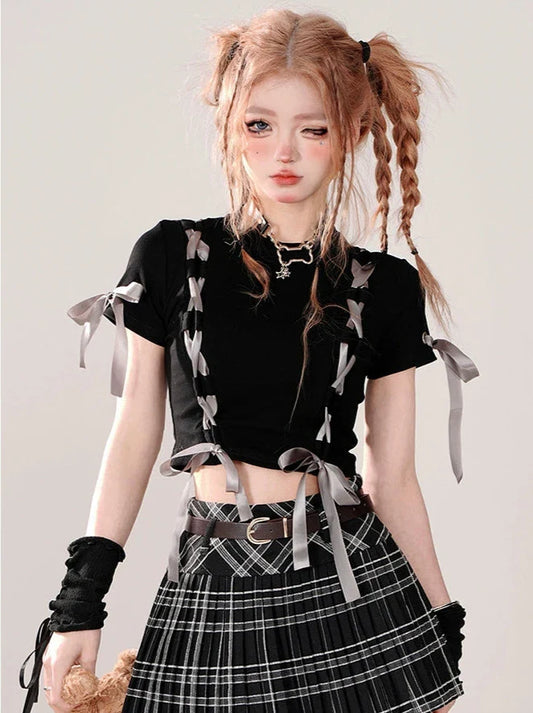 リボンTシャツ ノットデザイン ラブ ショート ブラック