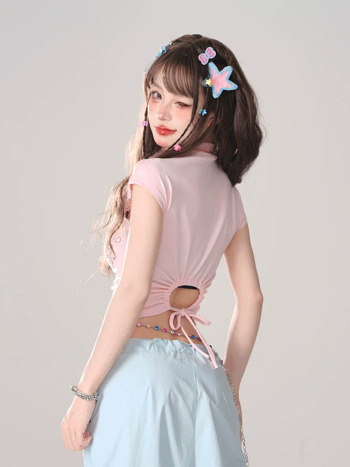 White Cropped Ribbon T-Shirt Backdropped Pink Pure