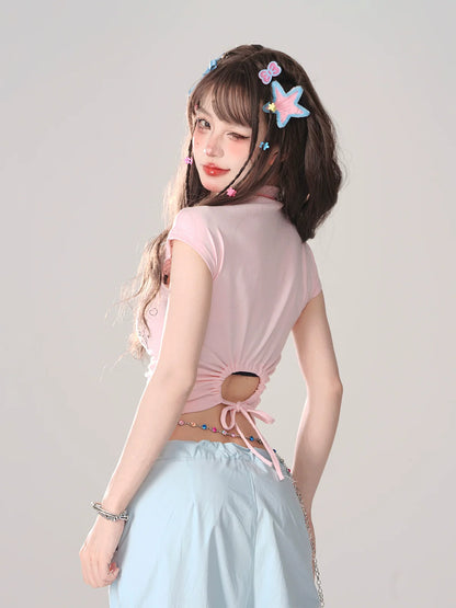 White Cropped Ribbon T-Shirt Backdropped Pink Pure