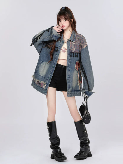 Jacket Retro Denim Ethnic Spliced