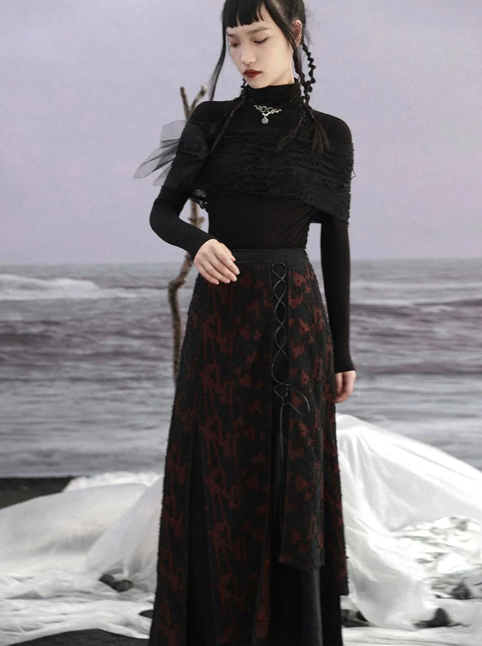 パッチワークダークスカートレトロニット