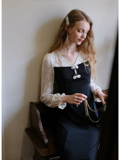 Black Splicing China Lace Dress Retro V-Neck