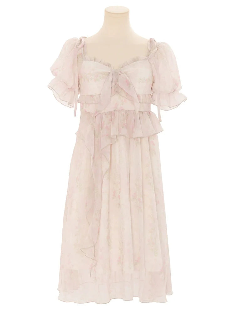 フローラルピンクのスクエアドレス シフォンオフショルダー