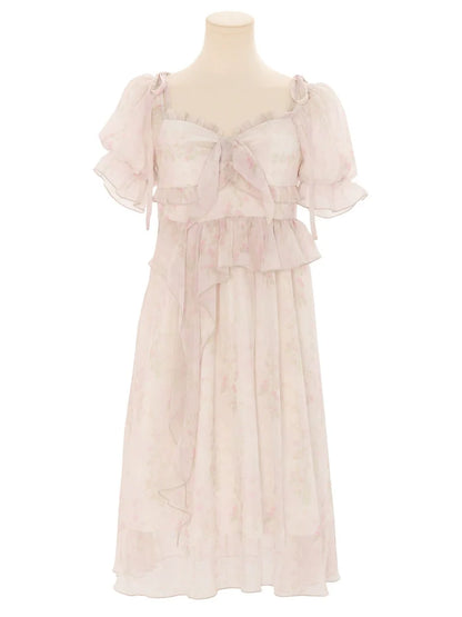 フローラルピンクのスクエアドレス シフォンオフショルダー