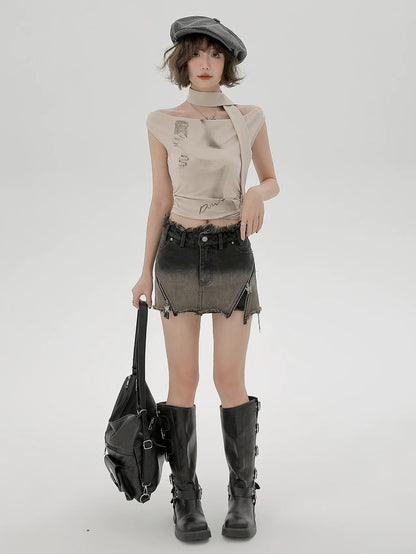 American Style Shorts Gradient Skirt Denim