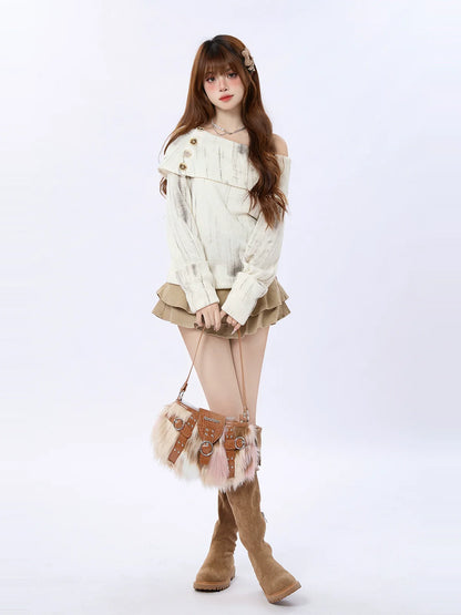 Retro Knit American Flap Off-Shoulder