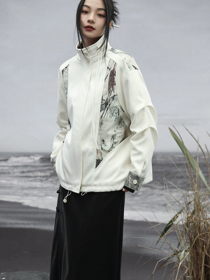 スプライシングジャケット チャイナプリント カジュアル