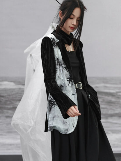 中国プリントジャケット コントラスト竹ベルベットカラースプライシング