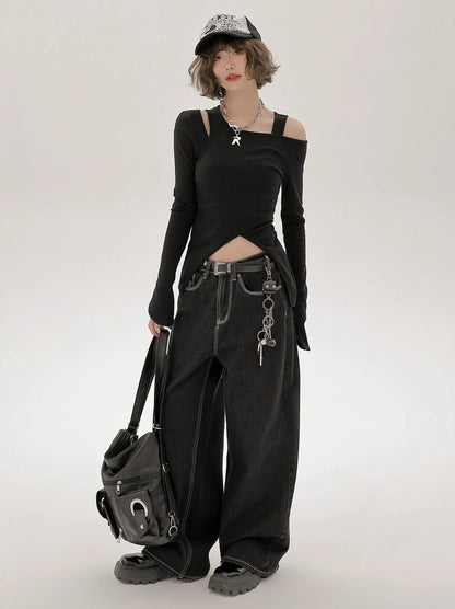 Long Piece Set Asymmetrical Shoulder American T Mode One Two