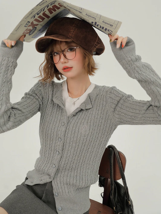 アメリカンレトロラウンドネックスリムニットカーディガン