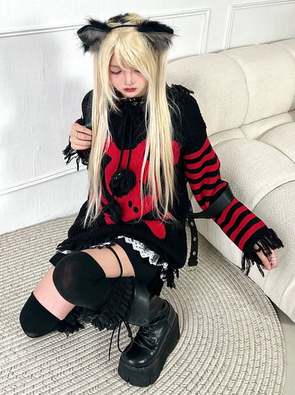 Skull Stripe Hoodie Dark Border Hooded Black Loose