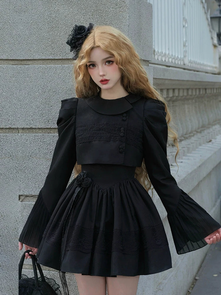 Bluse Spitze Weiß + Jacke Kleid Schwarz Schwarz Klassisches Kleid Gothic Und Nacht Rüschen Traveller