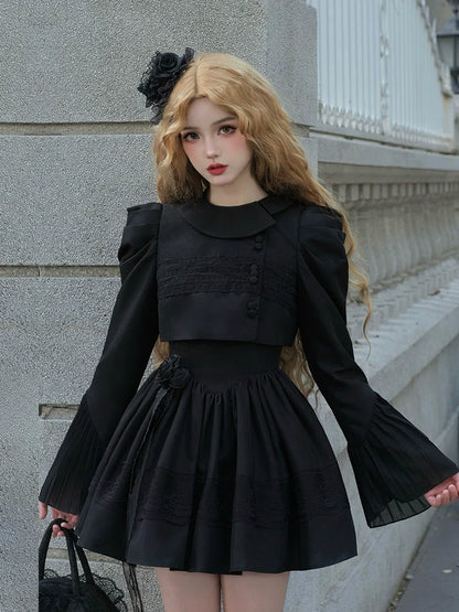 Bluse Spitze Weiß + Jacke Kleid Schwarz Schwarz Klassisches Kleid Gothic Und Nacht Rüschen Traveller