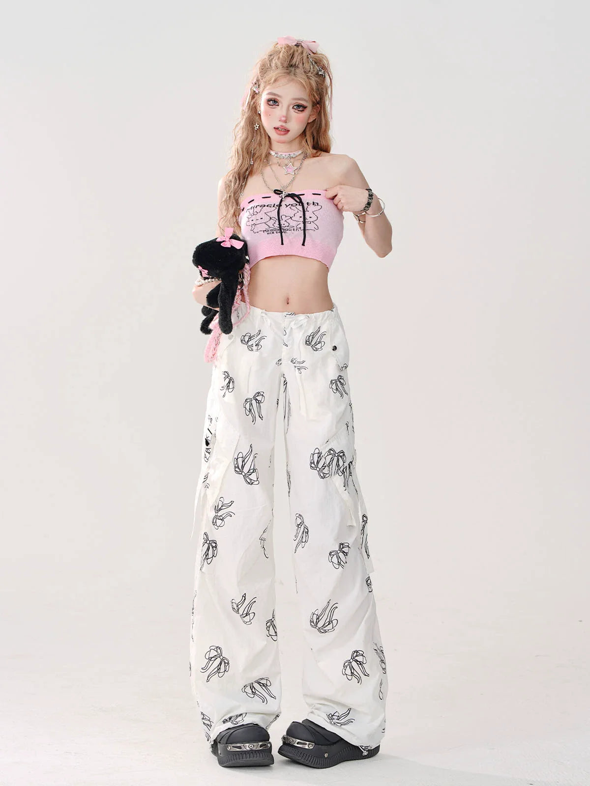 Ribbon Loose Sweet Pants White Print Pocket