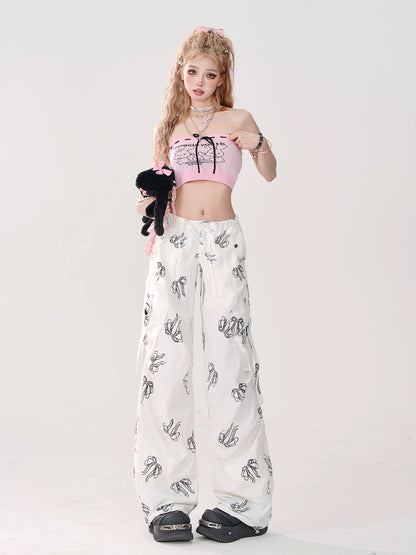 Ribbon Loose Sweet Pants White Print Pocket