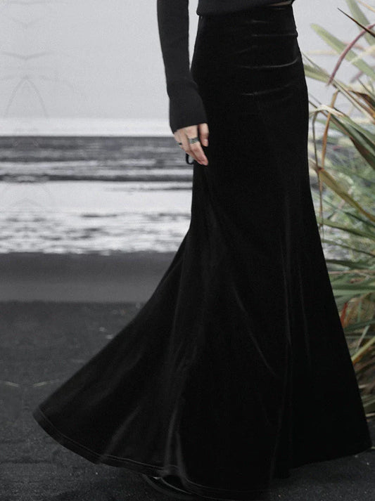ハイマーメイドベルベットブラックウエストスカートレトロバックロングアップレース
