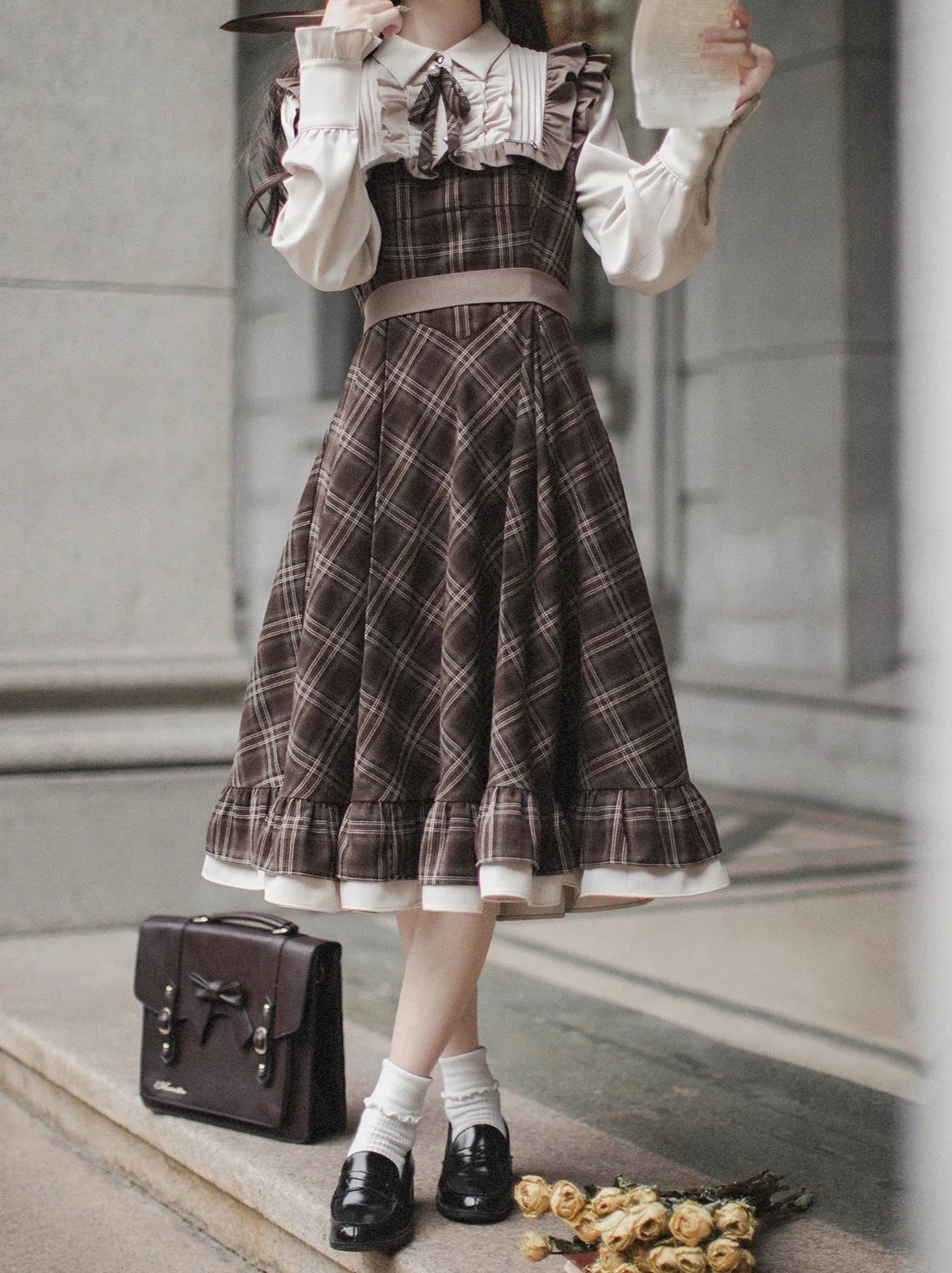 Sleeveless Coat Belt  Ribbon Classic Layered Accessory Dress Brown Check Retro Pearl Volume
