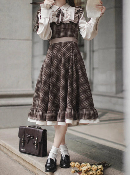 Sleeveless Coat Belt  Ribbon Classic Layered Accessory Dress Brown Check Retro Pearl Volume
