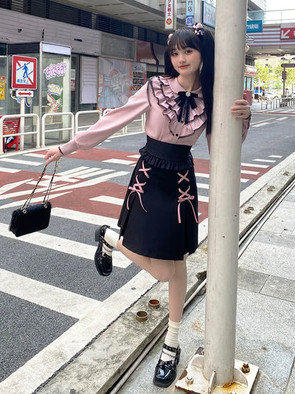 フリルスカートカラーブラウス+レースアップガーリー