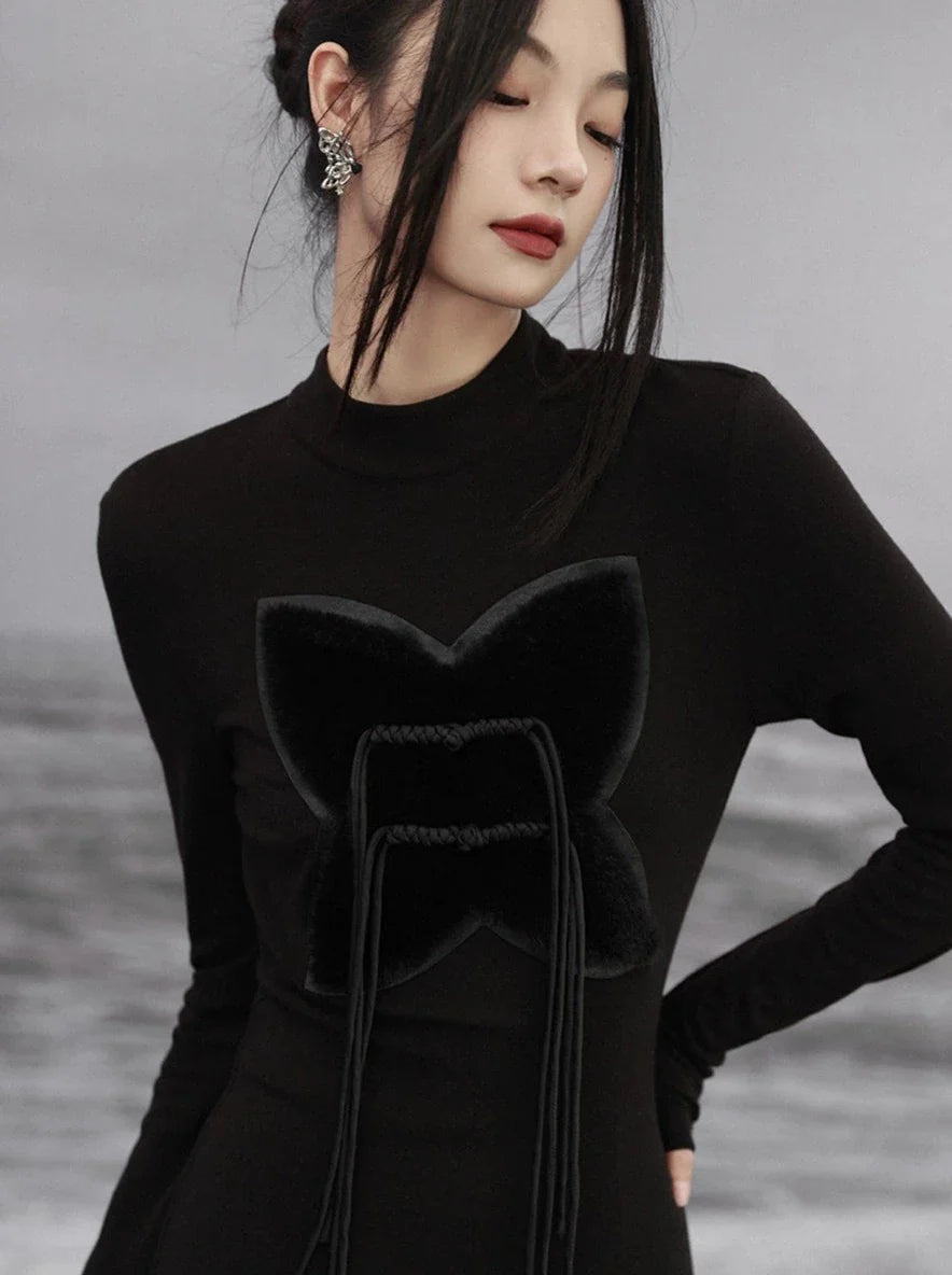 Fur Design Slim Bic Dress Butterfly Long