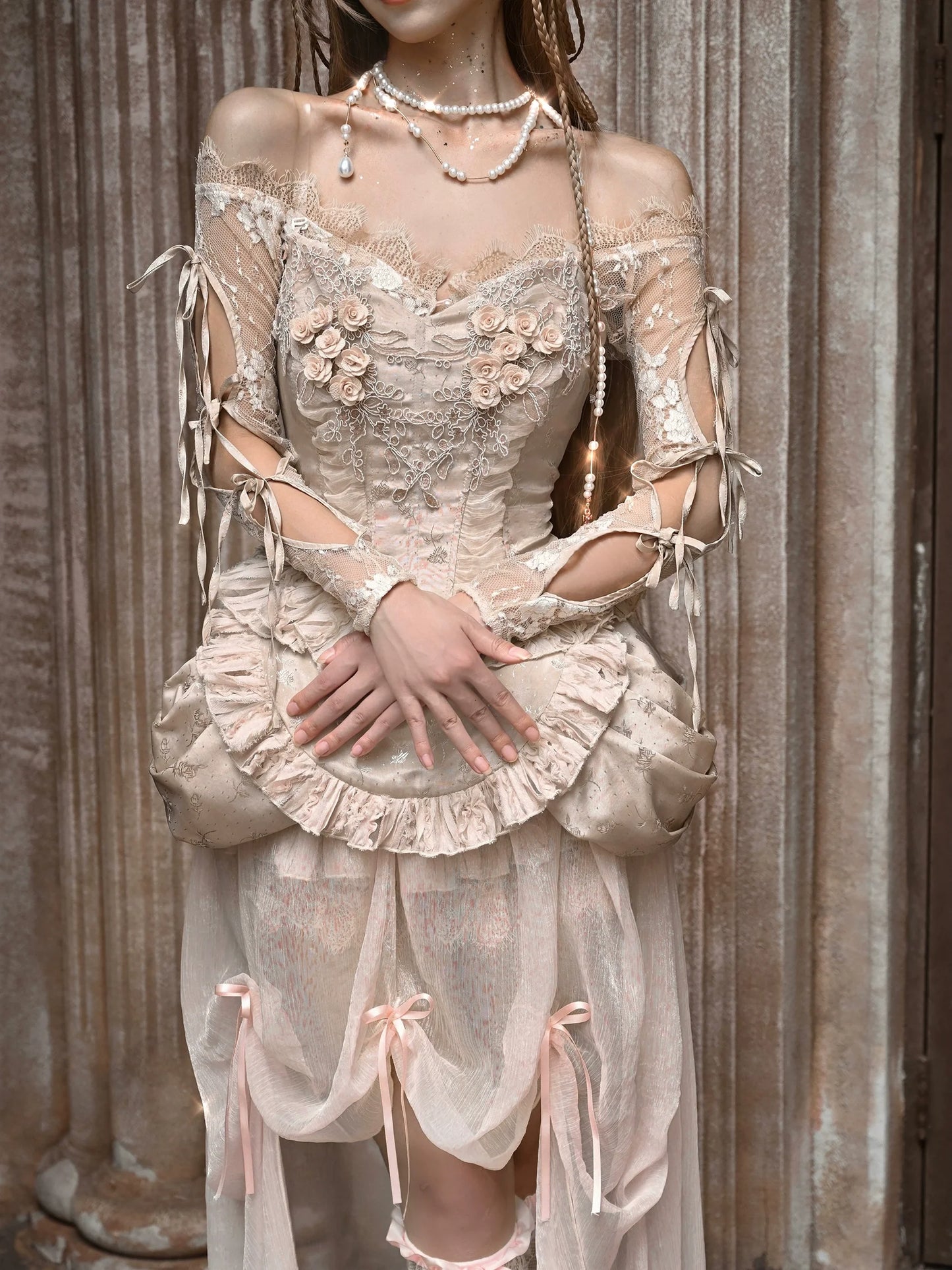 コートストラップレースバレエカーディガントップスクロシェスリーブインナーオフショルダー