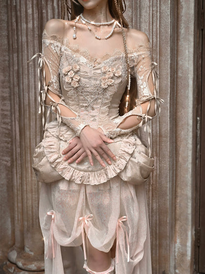 コートストラップレースバレエカーディガントップスクロシェスリーブインナーオフショルダー