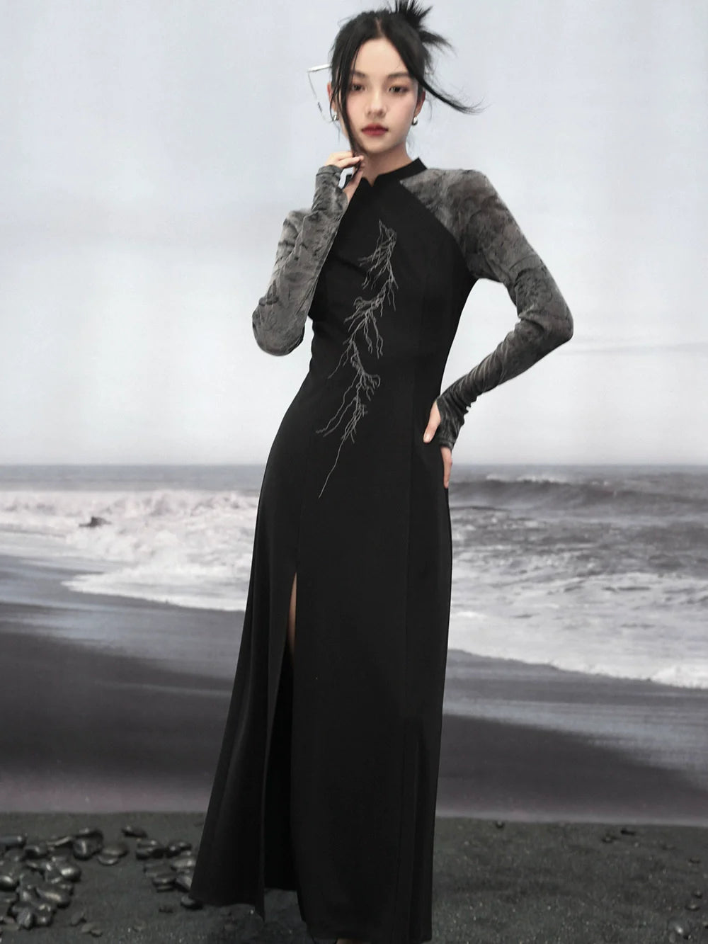 チャイナスリットバイカラードレス