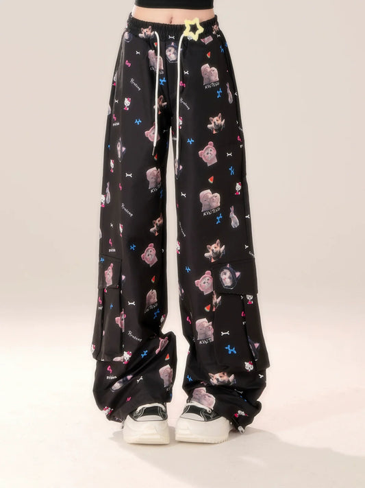 Casual Niche Pants Black Design Hook Cat