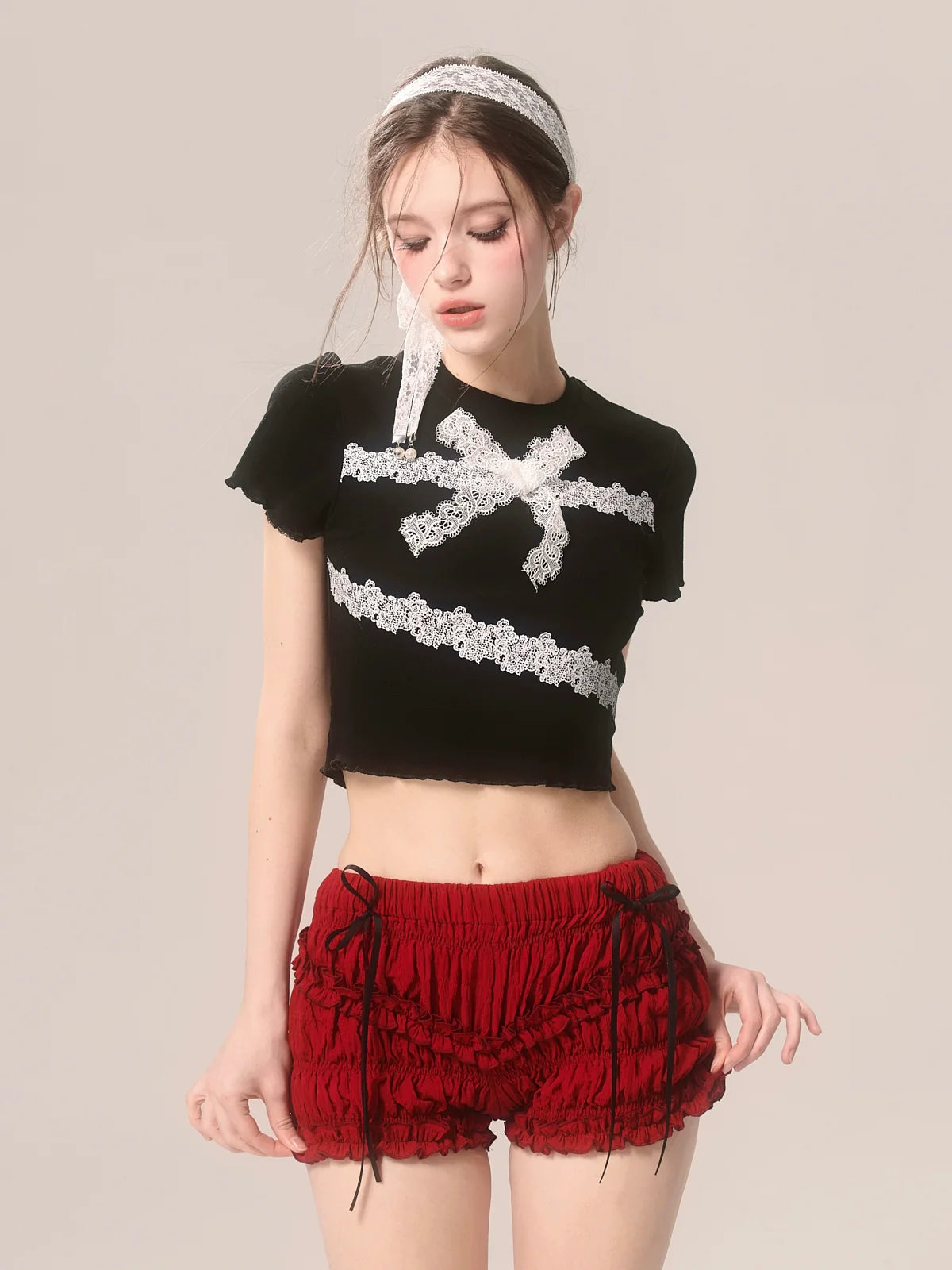 スリムレースTシャツ フリル ショートリボン