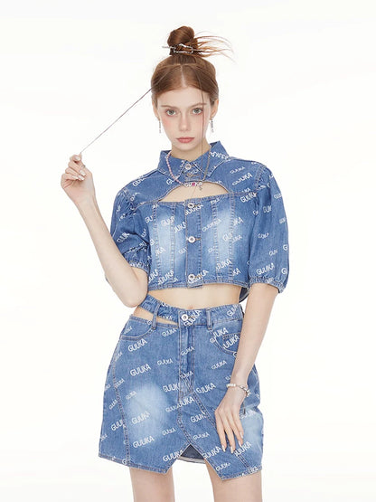 Kurzes Jeans-Poloshirt mit Logo