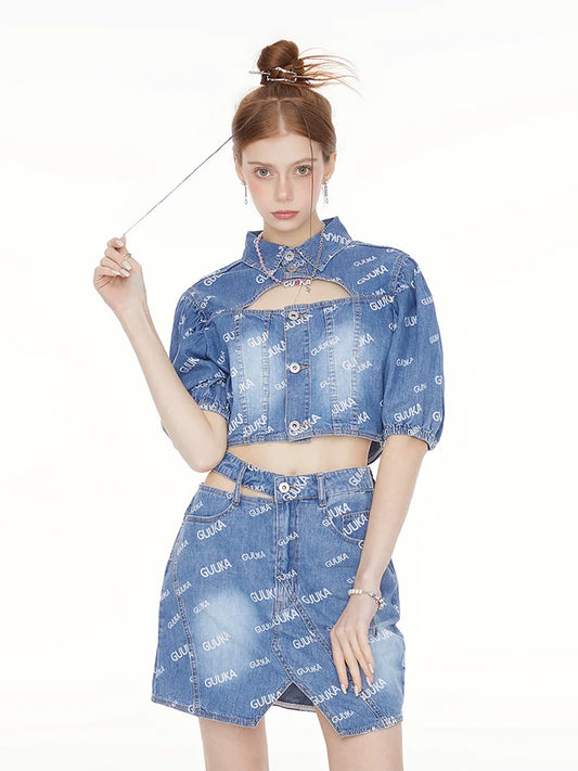 Kurzes Jeans-Poloshirt mit Logo