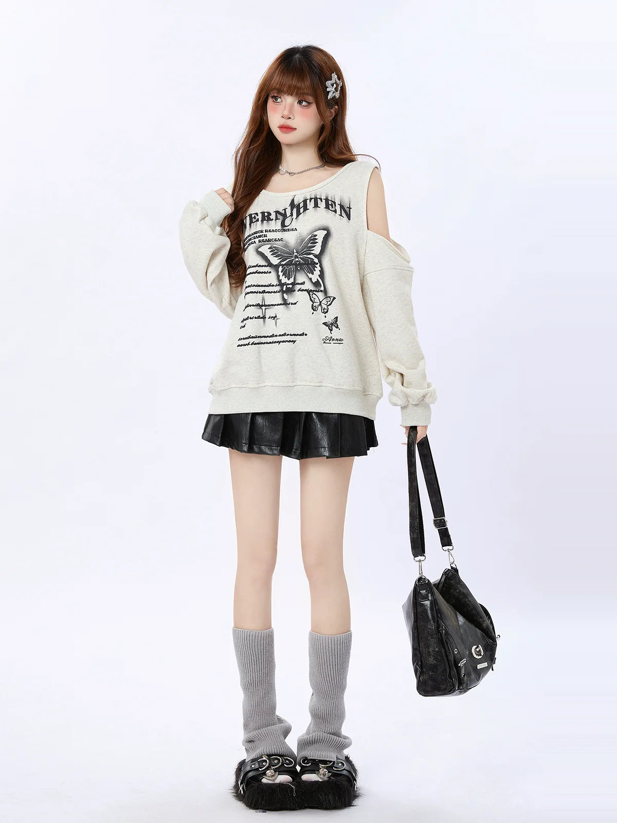 プリントバタフライオフショルダーレトロトレーナー