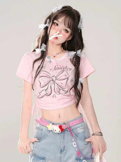 T-Shirt Slim Ribbon Short Lace Drawstring Pink
