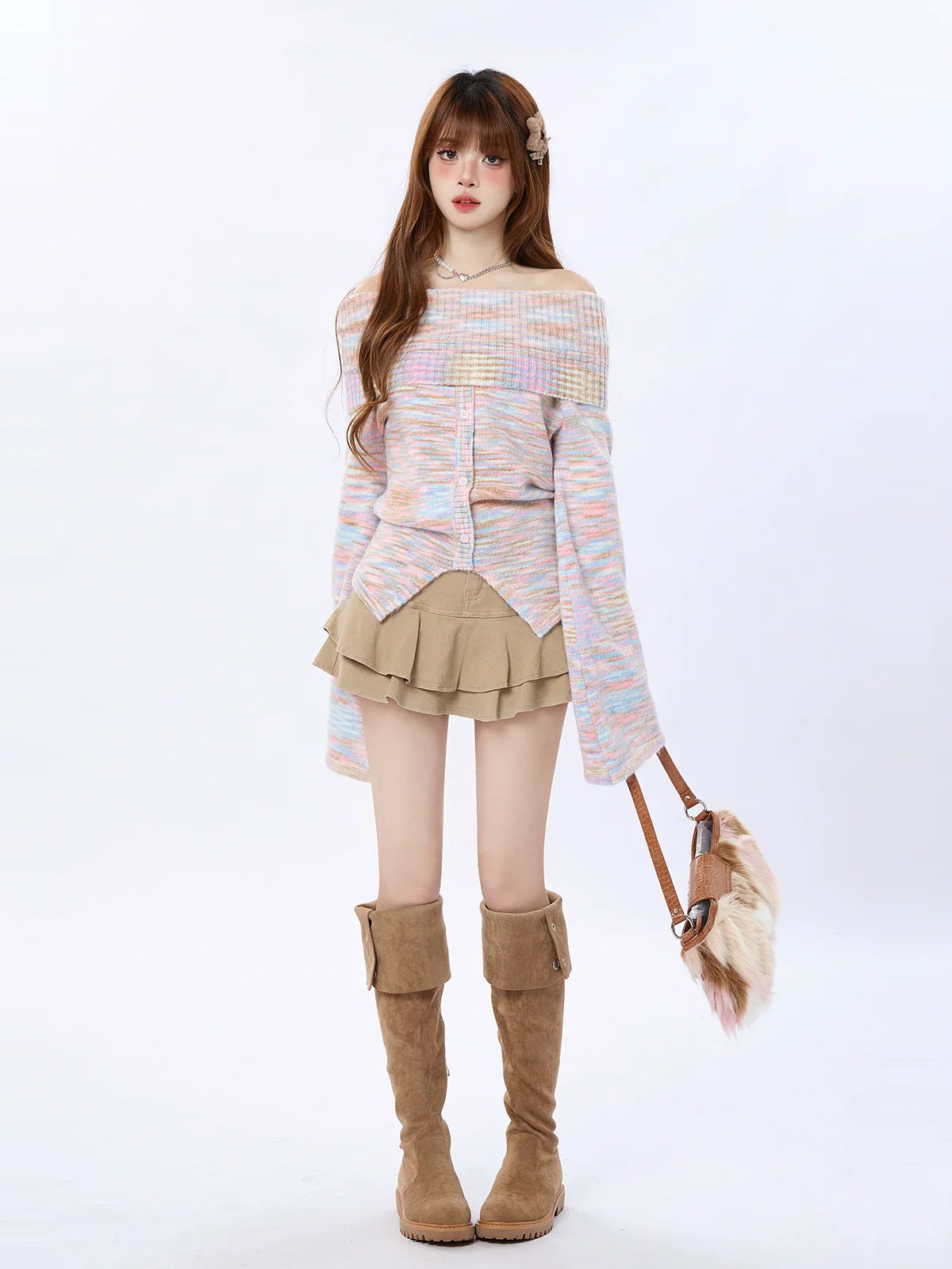 Schulterfreier Strickpullover aus reinem Dzire-Streifen in Regenbogenfarben