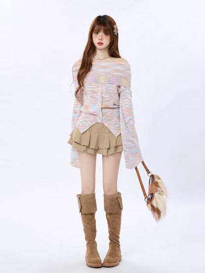 Schulterfreier Strickpullover aus reinem Dzire-Streifen in Regenbogenfarben