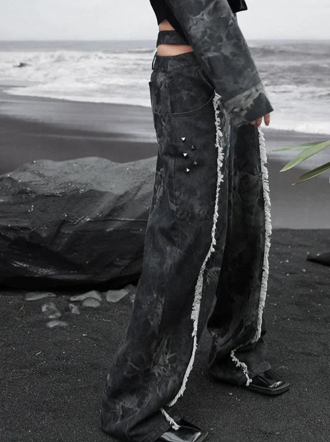 ダークデザインデニム ルーズフリンジ ワイドカットアウトウエスト