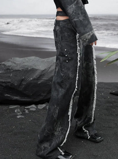 ダークデザインデニム ルーズフリンジ ワイドカットアウトウエスト