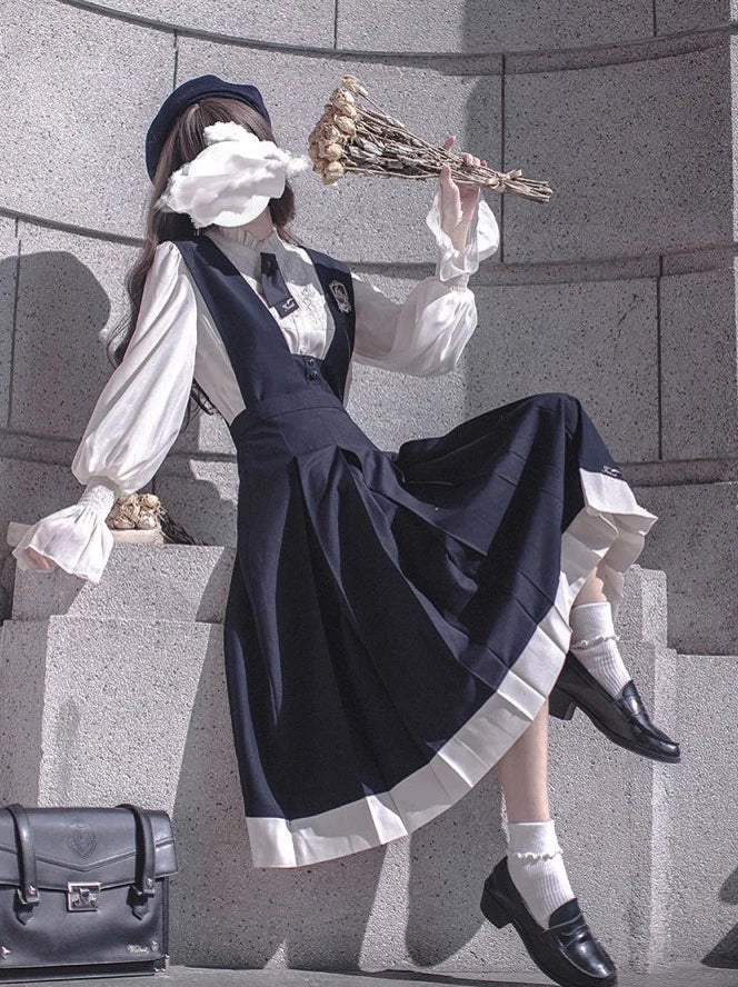 Stil Baskenmütze + Emblem Elegante Rüsche + College Chiffon Kleid + Bluse Krawatte Retro Cyan